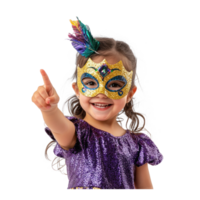 Smiling Little girl wearing with Mardi Gras mask with hand pointing, standing isolate on transparent background png