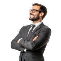 Smiling business man arm cross, standing side view isolate on transparent background png
