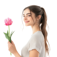 Smiling young woman holding pink rulips, standing, womens day concept side view isolate on transparent background png