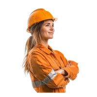 Smiling female construction worker or engineer standing with arm cross side view isolate on transparent background png