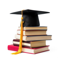 Graduation cap on stack books front view isolate on transparent background png
