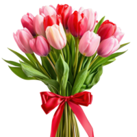 Pink and red Bouquet Tulips with red ribbon and bow isolate on transparent background png