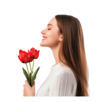 Smiling young woman holding red rulips, standing, womens day concept side view isolate on transparent background png