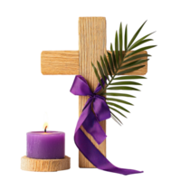 Wooden Cross with purple ribbon and palm leaf and burning candle, lent concept front view isolate on transparent background png