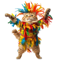 cat dressed in a colorful feather costume isolate on transparent background png