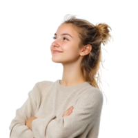 Smiling young woman with arm cross, standing, womens day side view isolate on transparent background png