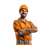Smiling construction worker or engineer standing with arm cross front view isolate on transparent background png