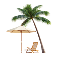 Beach umbrella and deck chair and palm tree, travel and tourism concept front view isolate on transparent background png
