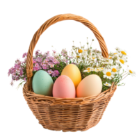 Basket with easter eggs and flowers isolate on transparent background png