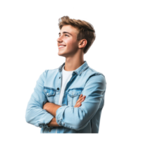 Smiling young man arm cross, standing side view isolate on transparent background png