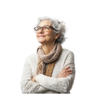 Smiling senior woman with arm cross, standing, womens day side view isolate on transparent background png