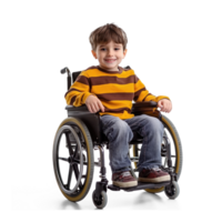 Smiling little boy in wheel chair isolate on transparent background png