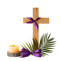 Wooden Cross with purple ribbon and palm leaf and burning candle, lent concept side view isolate on transparent background png