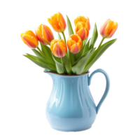 Bouquet tulps in a blue jug side view isolate on transparent background png
