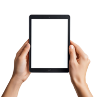 hands holding a tablet with a blank screen isolate on transparent background png