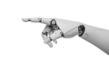 Robot hand pointing to human hand, sleek modern isolate on transparent background png