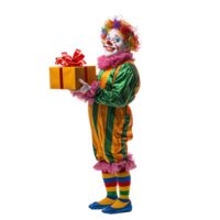 Smiling clown holding gift box, standing side view isolate on transparent background png