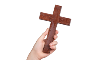 Hands holding Christian cross isolate on transparent background png