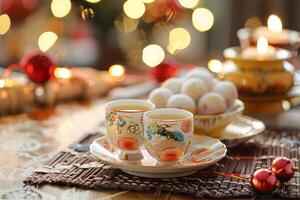 Festive tea setup with decorative ornaments and warm candlelight ambience photo