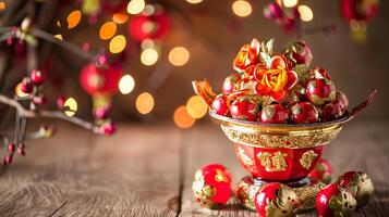 Festive chinese new year decorations with golden ornaments and red lanterns photo