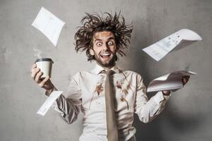 Stressed businessman with coffee stains and flying papers expressing chaos photo