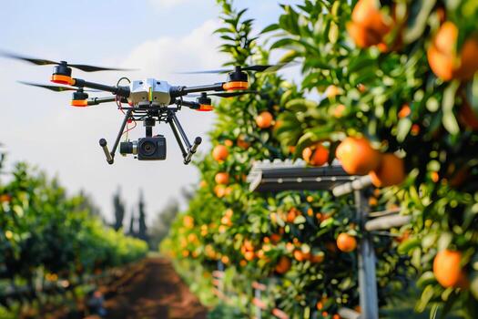 avanzado agrícola zumbido tecnología en naranja huerta para precisión agricultura y cosecha supervisión foto
