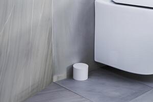 Modern smart home automation device in minimalist bathroom setting photo