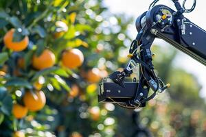 Innovative robotic arm harvesting ripe oranges in orchard for efficient agriculture photo