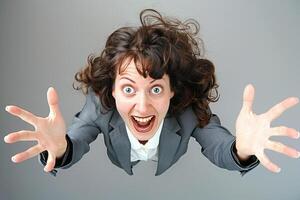 Excited woman reaching up with wide eyes and curly hair in gray suit photo