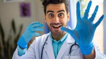 Excited doctor wearing blue gloves for a medical checkup photo