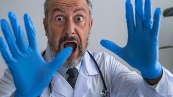 Surprised doctor in gloves expressing shock and awe in medical setting photo