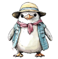 Penguin wearing a straw hat and colorful clothing enjoys a sunny day at the beach png