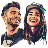 Couple smiling joyfully with bright expressions against a plain backdrop in a cheerful, artistic style png