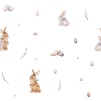 Watercolor seamless pattern with easter bunny with bow and quail and colors eggs. Repeat pattern pastel color with rabbit. Tender watercolor hand drawn illustration willow. For Easter design. png