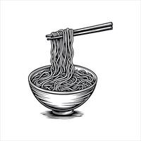 Bowl of noodles with chopsticks drawing in line art style, Traditional Fast food black color isolated on white background vector