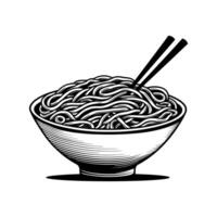 traditional doodle Noodles bowl fast food with chopsticks drawing in black color line art style on white background vector