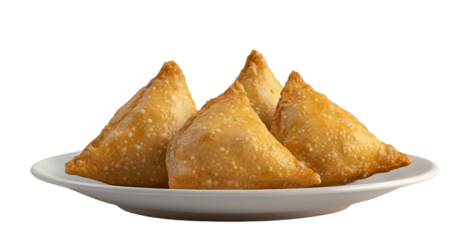escamoso samosa en un servicio plato png