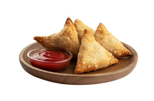 de madera plato de samosa con salsa de tomate png