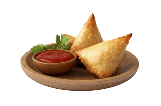 crujiente samosa en un plato con salsa de tomate png