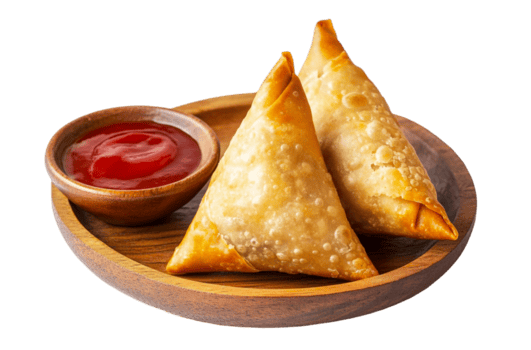 dorado samosa servido con salsa de tomate png