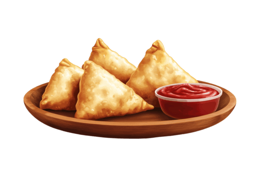 samosa bocadillo servido con salsa de tomate png