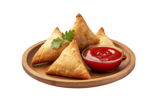samosa y salsa de tomate en un plato png