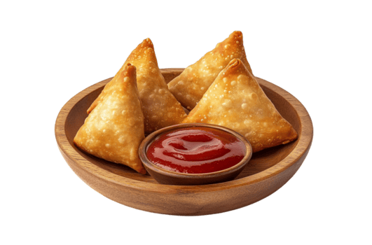 samosa descansando en un plato con salsa de tomate png