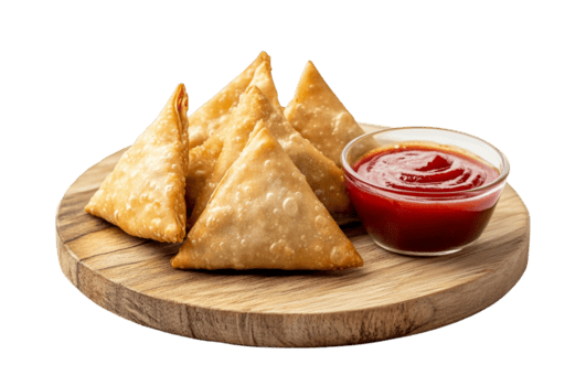 caliente samosa con un porción de salsa de tomate png