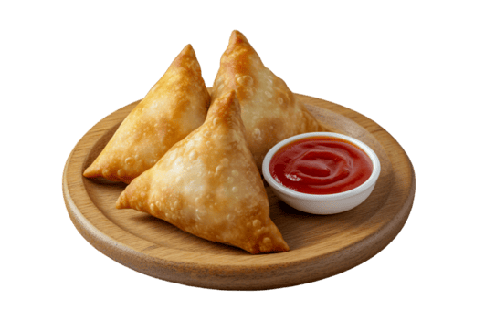samosa bocadillo plato con salsa de tomate png