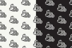LED headlamp doodle seamless pattern on black white background set. retro LED head lantern background. flashlight with strap engraving wallpaper. headlight with strap pattern background for adventure vector