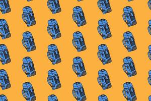 blue carrier backpack outdoor colorful doodle seamless pattern on yellow background. retro carrier bag background. backpack illustration pattern wallpaper. pattern background carrier bag for adventure vector