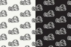 LED headlamp doodle seamless pattern on black white background set. retro flashlight with strap background. LED head lantern engraving wallpaper. headlight with strap pattern background for adventure vector