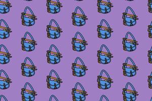 sling bag with axes, ropes, knife colorful doodle seamless pattern on purple background. retro sling bag background. sling bag illustration wallpaper. pattern background with sling bag for adventure vector