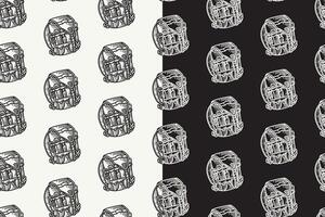 outdoor backpack with survival tool doodle seamless pattern on black white background set. hatching backpack background. camping bag engraving wallpaper. pattern background with backpack for adventure vector